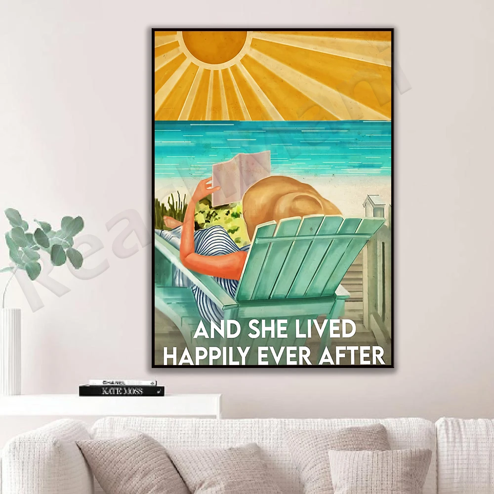 Love reading poster, girl with book, the sun shines, live happily ever after, summer, sea, sunbathing poster home decor