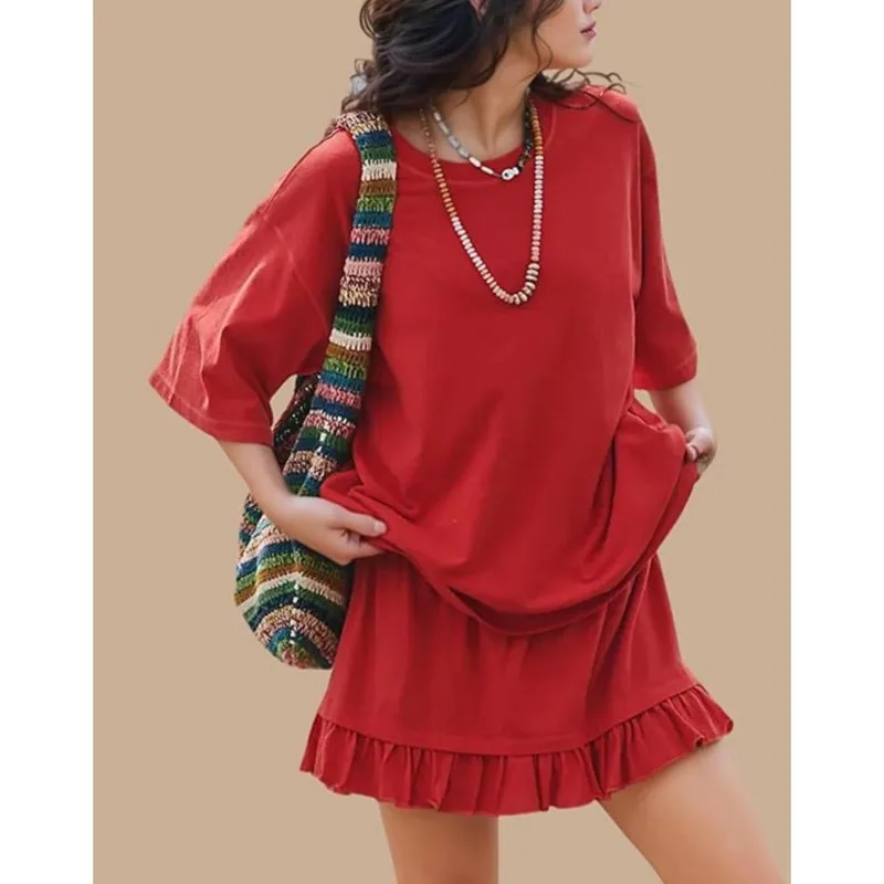 Women's Outfit Vacation Loose Suit Solid Color Round Neck Short-sleeved Fashionable Casual Top And Skirt 2-piece Set Summer