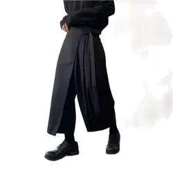 Elastic Waist Tie Culottes Men Harajuku Streetwear Trend Fashion Loose Casual Black Wide Leg Kimono Pants Women Skirt Trousers