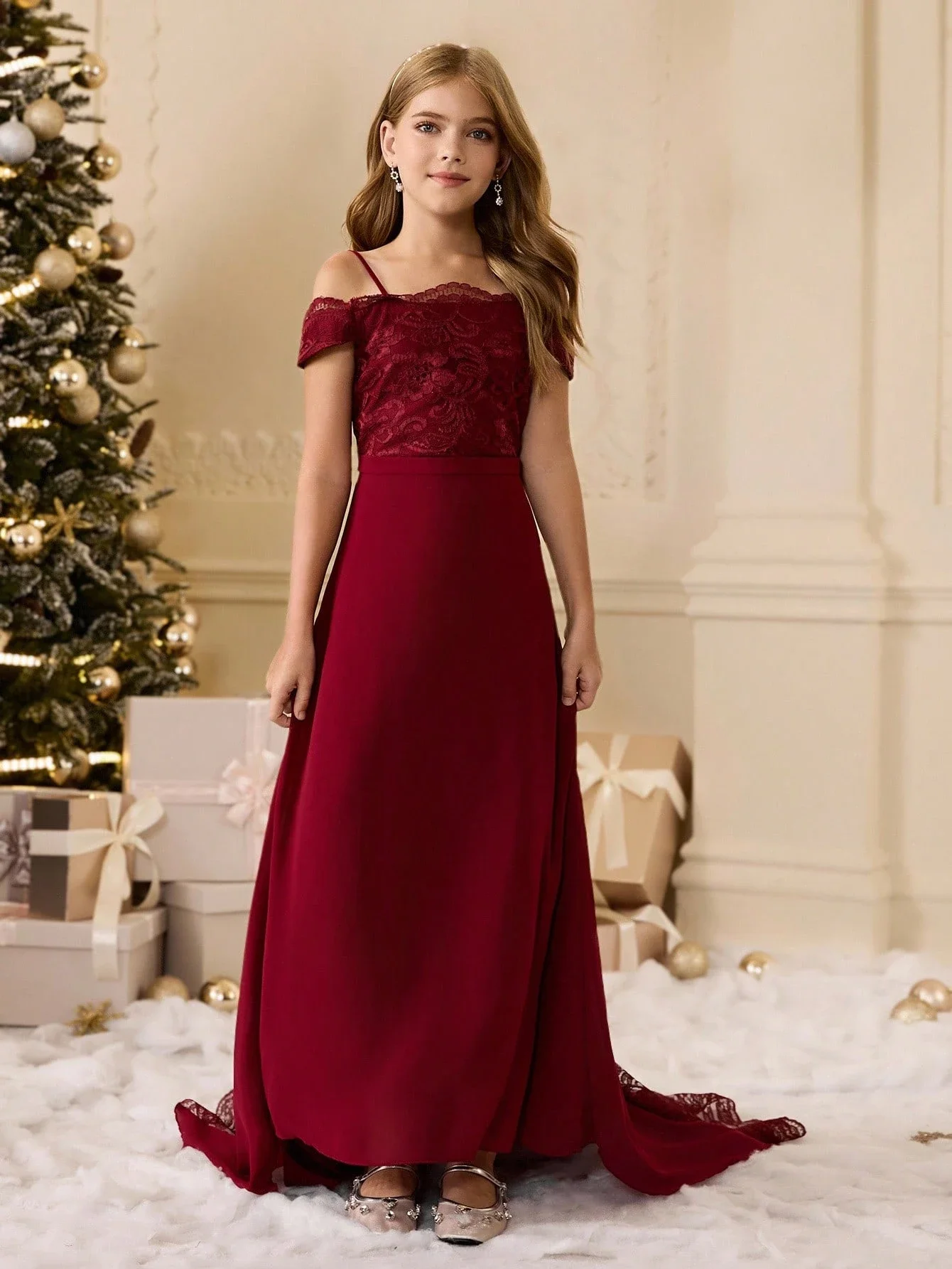 

Lace Chiffon Off Shoulder Formal Gown With Train For Women