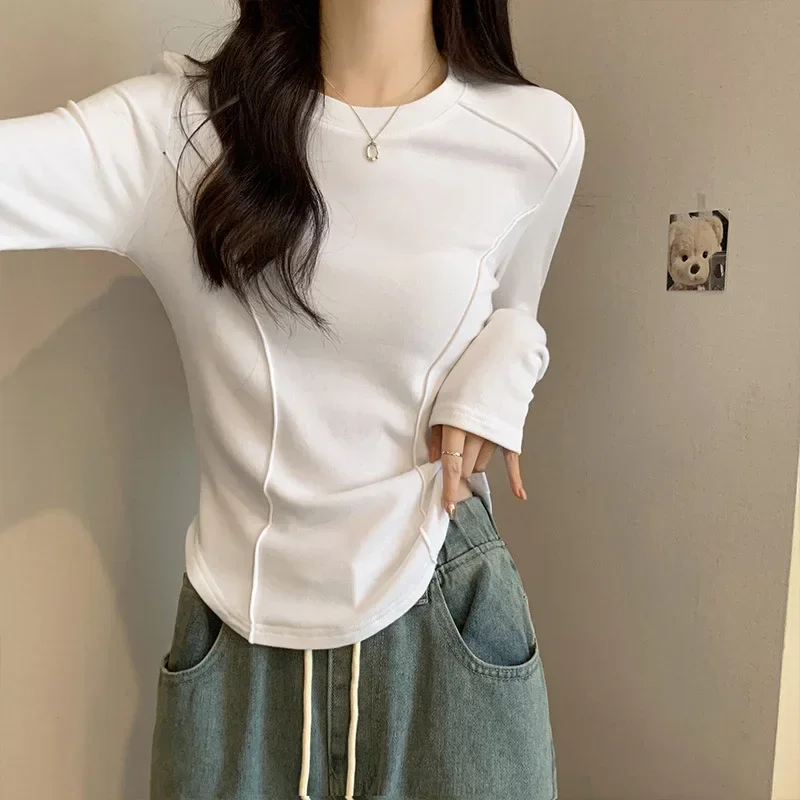 Women New Fish Bone Design Top Fashion Solid Colors Long Sleeve Short T-shirts Slim Bottoming Shirts Spring Autumn O-neck Tees