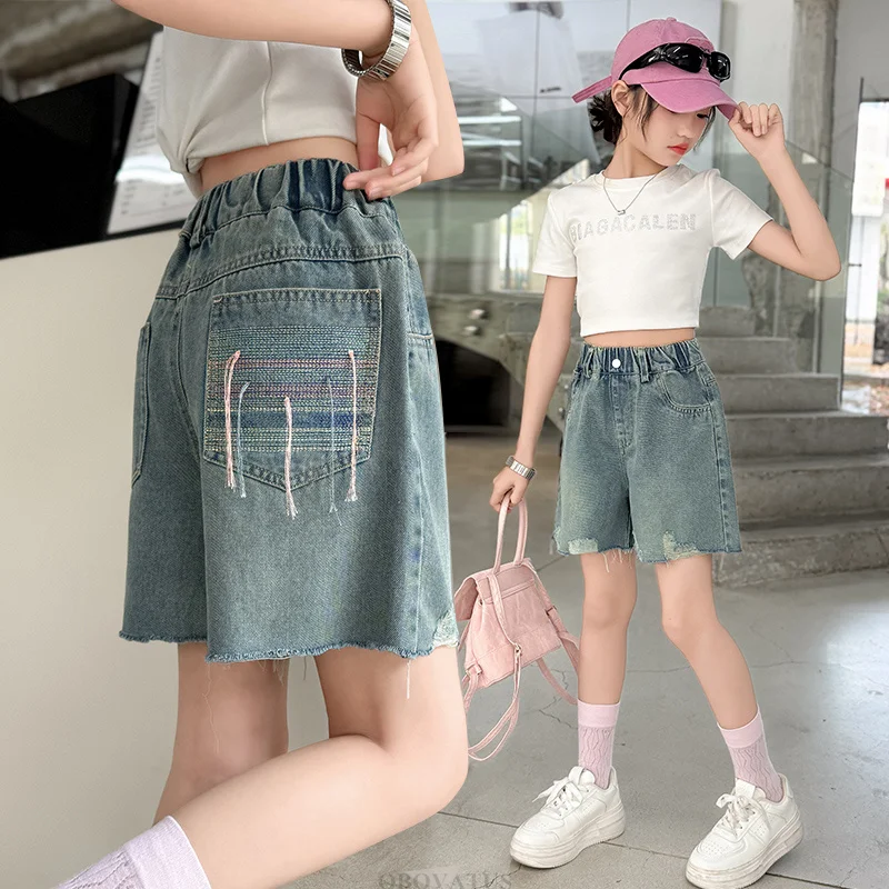 New Design Kids Casual Ripped Denim shorts with Tassel Pocket for Teens Girl Stylish Mini Jeans Tween Child Summer Shorts Pants