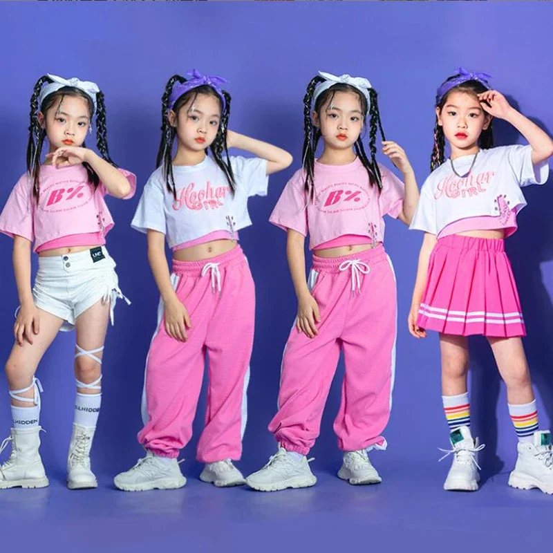 Pink Baggy Jogger Pants Girls Carnival Jazz Dance Costume Clothes Set Kids Hip Hop Clothing Crop Top Tank T Shirt Streetwear