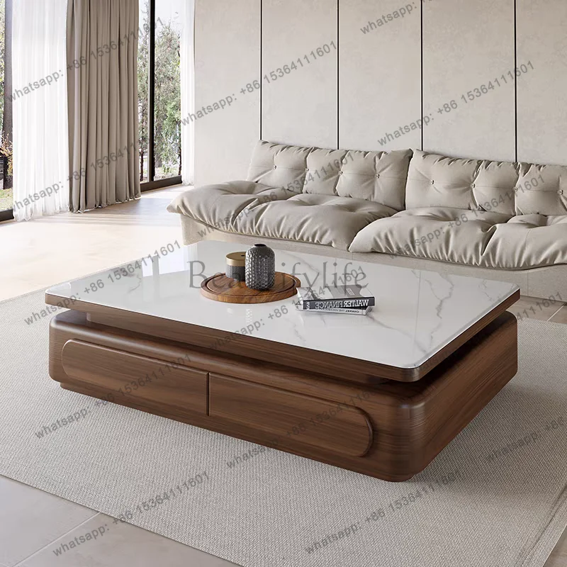 

Medieval walnut color rock slab coffee table TV cabinet small apartment simple tea table