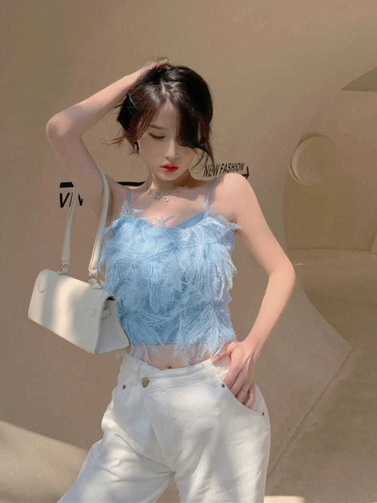 

Summer Feather Camis Tops Women Sweet Slim Beautiful Back Outwear Vest Sleeveless Crop Top Woman Korean Fashion Clothing