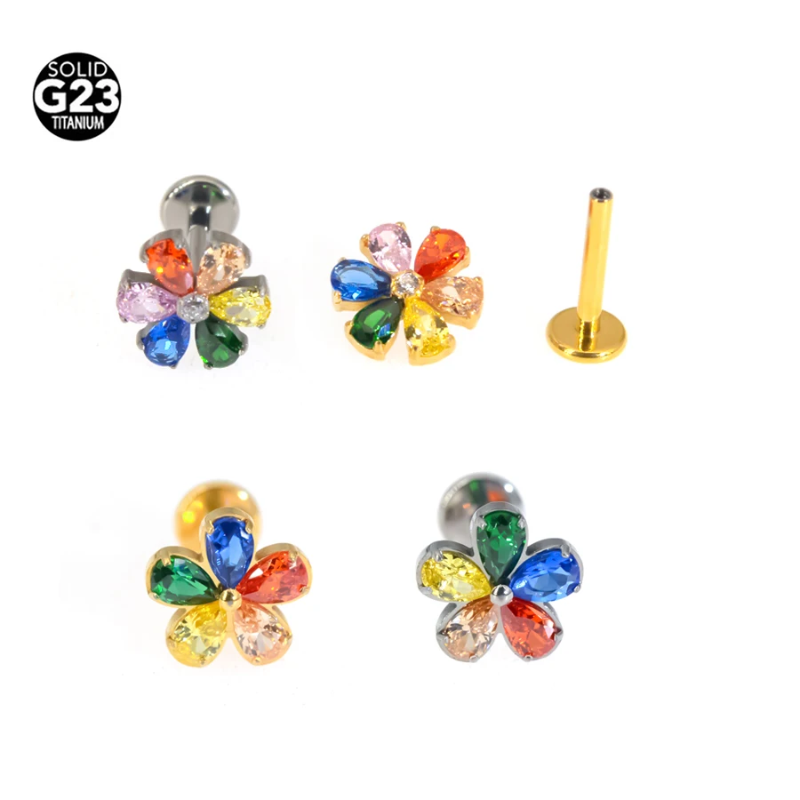 1Pc Spliced zircon Flower Body Jewelry G23 Titanium Colorful CZ Lip Labret Bar Ear Helix Tragus Rook Bar Stud Body Piercing Jewe