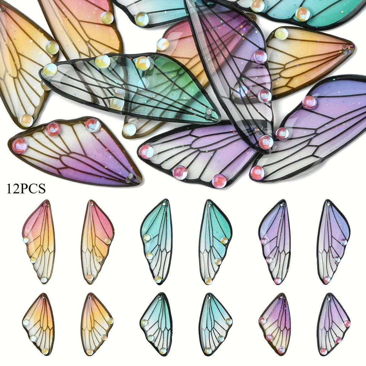 12 Stück transparentes Harzmaterial, Glas-Strass-Flügel-Anhänger, zufällige Mischung, DIY-Zubehör, geeignet für Schmuck, Halskette, Armband