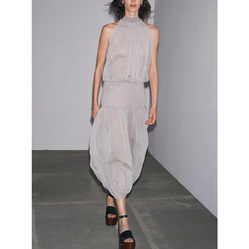 Summer New Women's Comfortable Casual One-Piece Dr Silk No-Sve Collar  Knot Polyester Fiber High Waist Long Pants