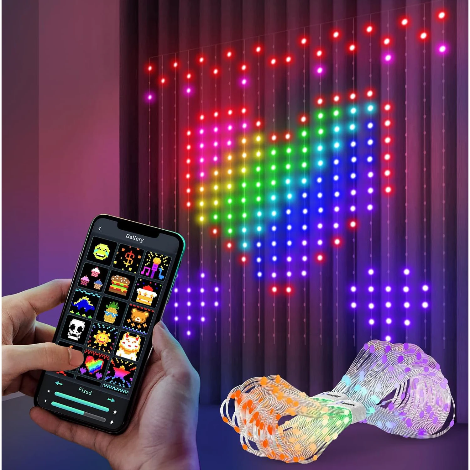 400 LED RGB 스마트 커튼 화환 조명 앱 리모컨, DIY 텍스트 패턴 장면 LED 스트링 조명, 크리스마스 웨딩 휴일