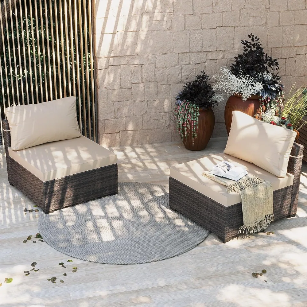 

Outdoor Terrace Furniture Set Components, Two Brown PE Rattan Armless Sofas, Beige