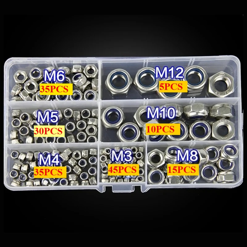 175-teiliges Sechskant-Sicherungsmuttern-Set mit Nylon-Einsatz, 304 Edelstahl Sechskant-Selbstsicherungs-Nylock-Sortiment M3/M4/M5/M6/M8/M10/M12