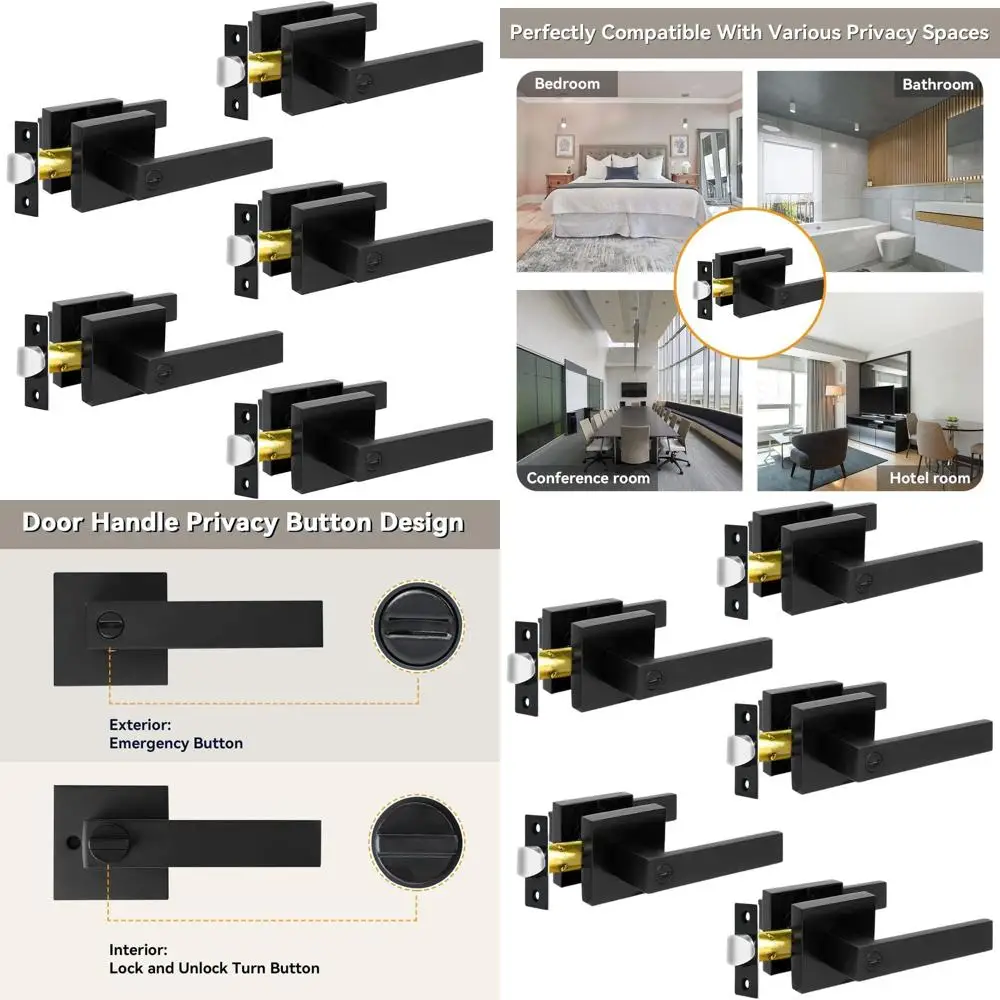 

Набор из 5 матовых черных дверных ручек с замками для спальни и ванной, внутренний бесключевой доступ, реверсивные для левосторонних и правосторонних дверей