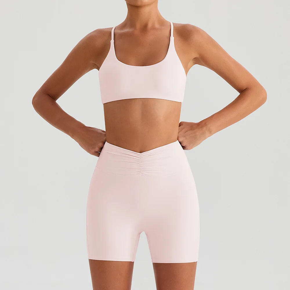 여성 트레이닝복 2피스 딥 브이넥 요가 탑 패드 내장 긴팔 셔츠 피트니스 하이웨이스트 반바지 세트 요가복 짐웨어