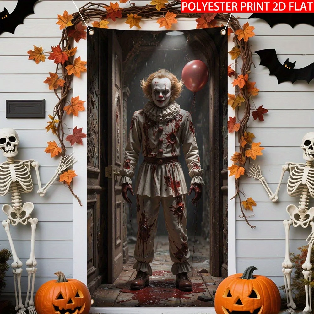 2D door curtain banner, 1 piece Halloween horror clown bloody wizard hat design front door wall window decoration view 3
