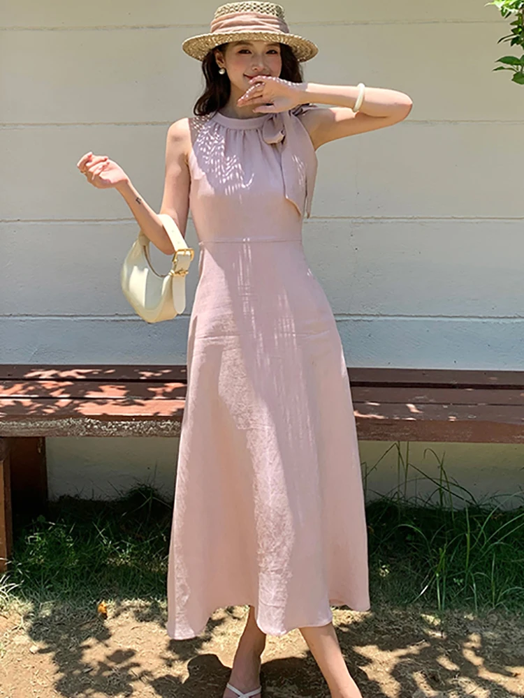 

2025 New Pink Elegant Chic Bow Neck-mounted Long Dress Summer New Casual Holiday Dress Women Korean Bodycon Festival Party Dress