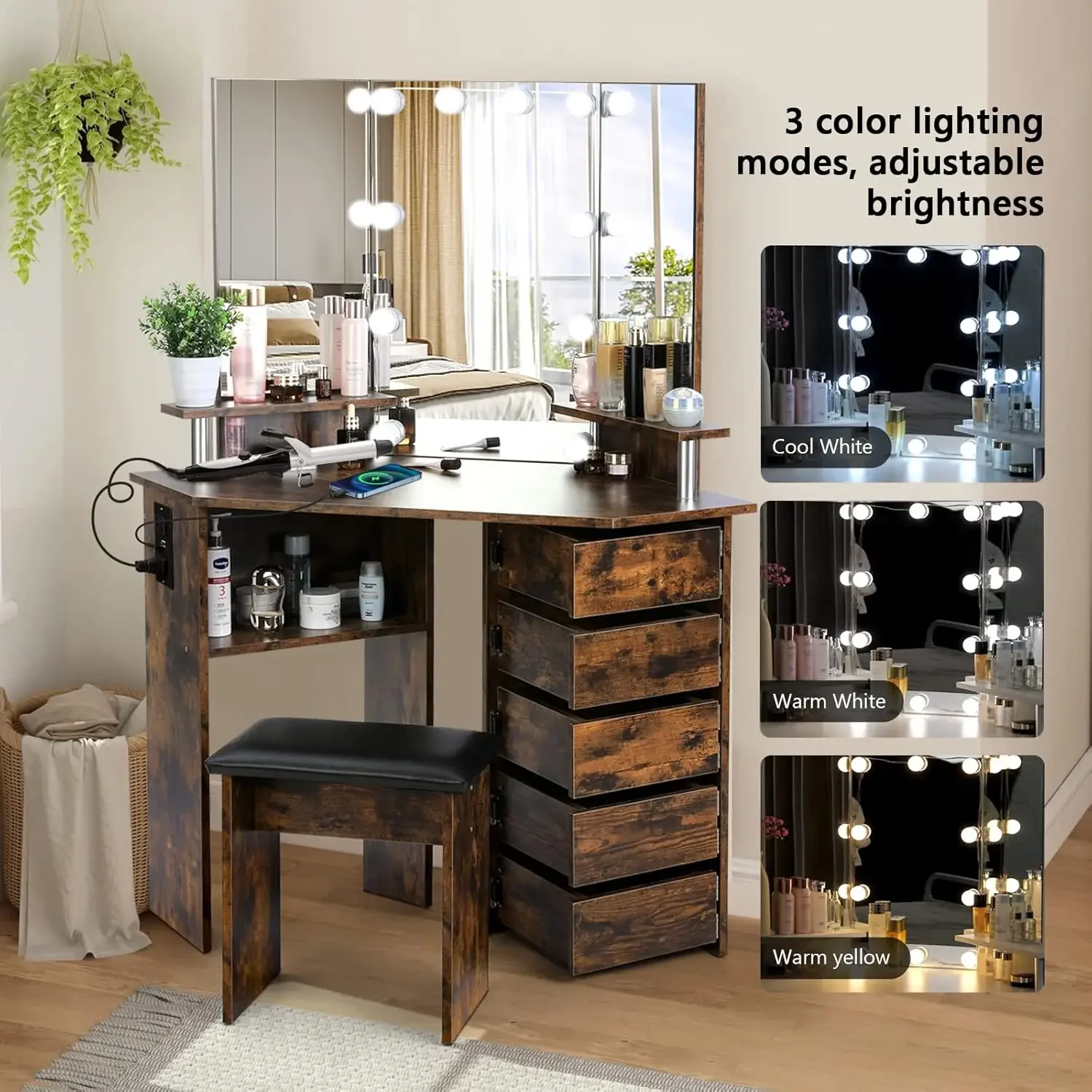 

VOWNER Vanity with Lights - Makeup Vanity Desk with Power Outlet, 3 Color Lighting Options Brightness Adjustable