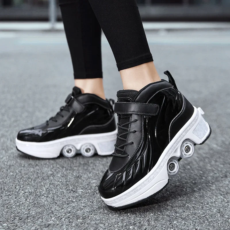 Deformacja czterokołowy podwójny buty do łyżwiarstwa z głowicą hamulcową, dwurzędową rolką, swobodnym chodzeniem sportowym, adidasy do biegania,