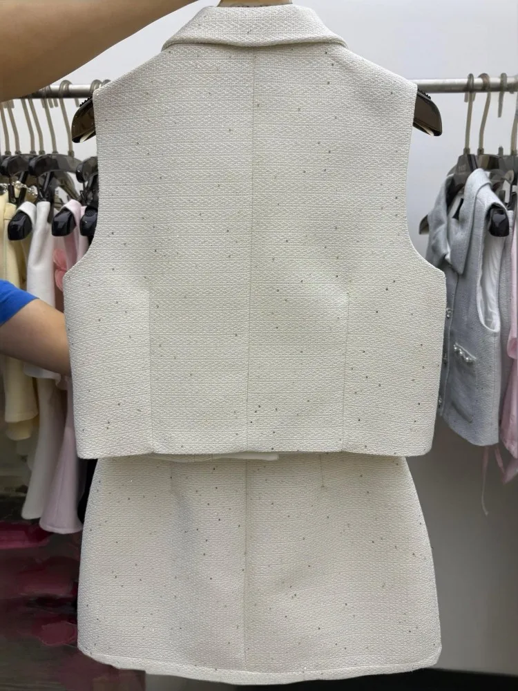 Elegant Ladies Sleeveless Lapel Single-Breasted Top Zipper Short Skirt Two Piece Set Solid Color Pearl Crystal Matching Sets