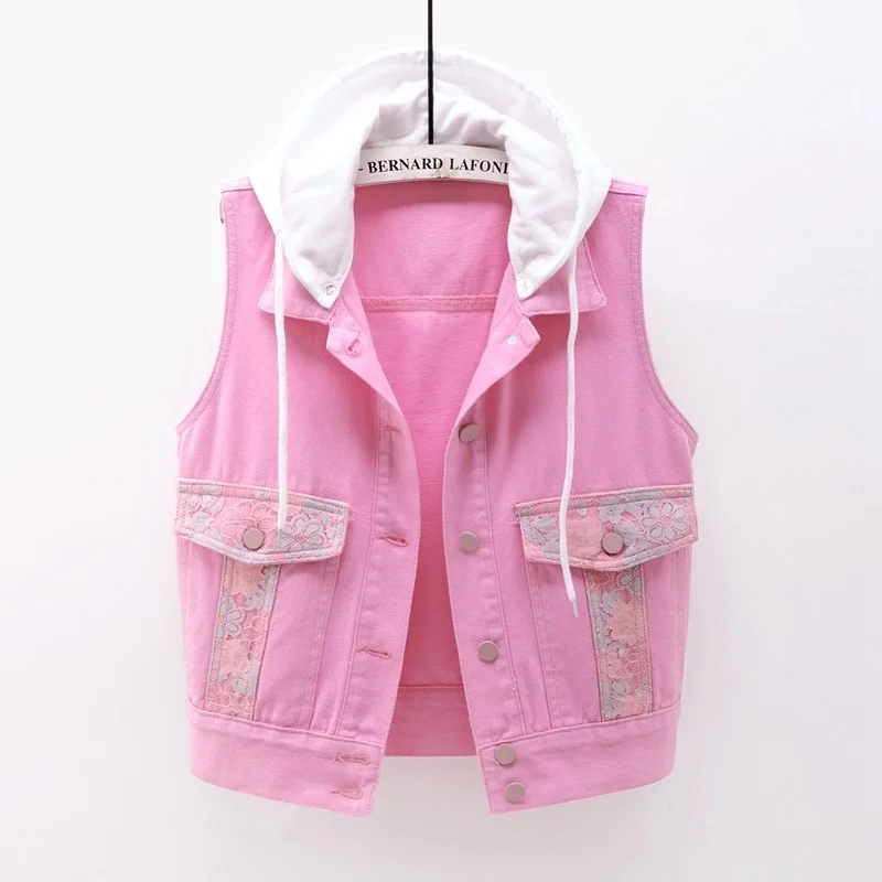 Removível com capuz curto denim colete feminino sem mangas jaqueta casaco branco rosa renda bordado jeans colete feminino streetwear