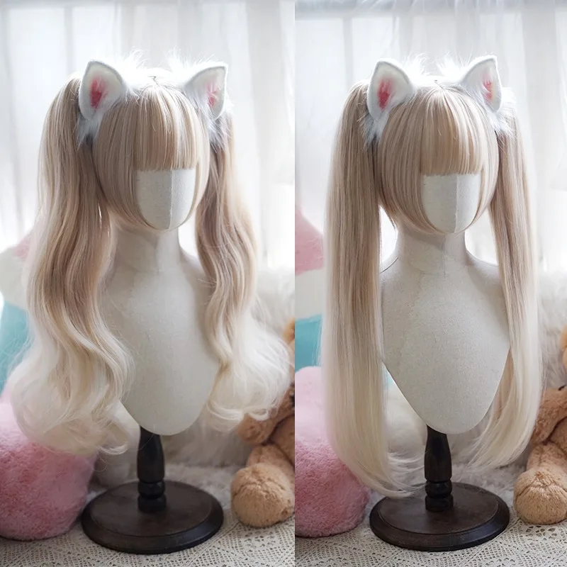 أسود أبيض التدرج الذهبي أنيقة ريترو بوب شعر مستعار مستقيم/مجعد مزدوج ذيل حصان لوليتا النمر الفم كليب شعر مستعار