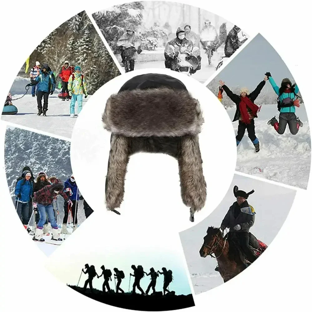 Unisex Warme Herren- und Damen-Trapper-Mütze, Aviator-Trooper-Ohrenklappenmütze, Winter-Ski-Mütze, Neue Er-Hüte, Russische Kunstfellmützen – Detail 4