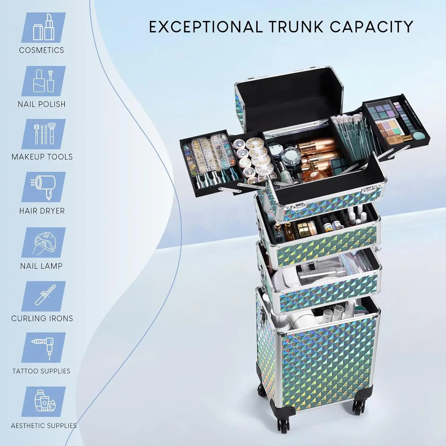 Rolling Makeup Train Case Large Storage Cosmetic Trolley 4 in 1 Large Capacity Trolley Makeup Travel Case with Key Swivel Wheels