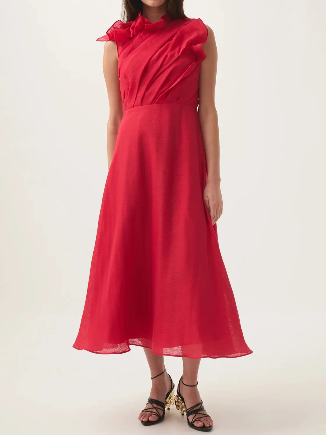 

Wave Pleated Women's Tank Dress Sleeveless High Waist Party Ladies Midi Robe