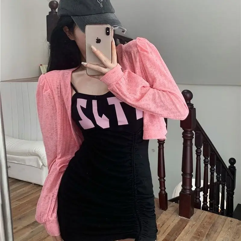 Streetwear Slim Ladies Sexy Two Piece Set Dresses Sunscreen Shirt Coat Summer Sweet Long Sleeve Tops Camis Women's Clothing