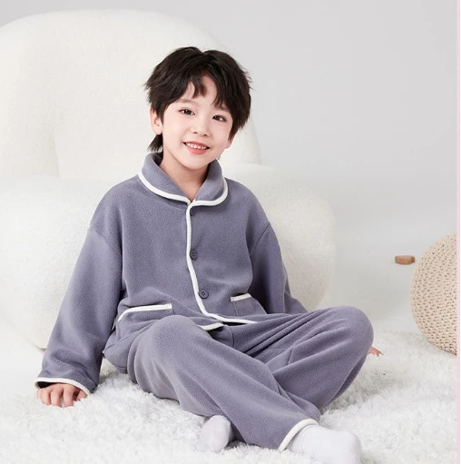 

Boys Pajamas Polar Fleece Boys Pajamas Autumn and Winter Double sided Thickened Warming Solid Long-sleeved Set