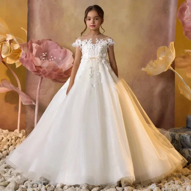 2026 Royal Princess Performance Girls Birthday Ball Gown Floor Length Lace Dress Flower Girl Wedding Long Train