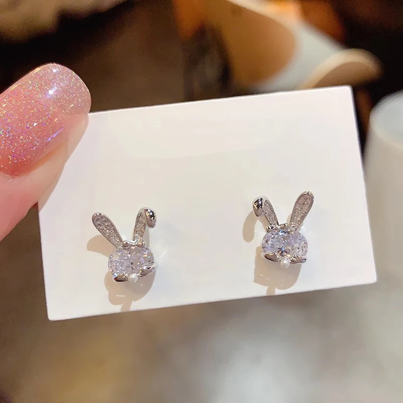 Huitan Chic Rabbit Ears Shaped Stud Earrings for Women Dainty Cubic Zirconia Earrings Exquisite Party Gift New Trendy Jewelry