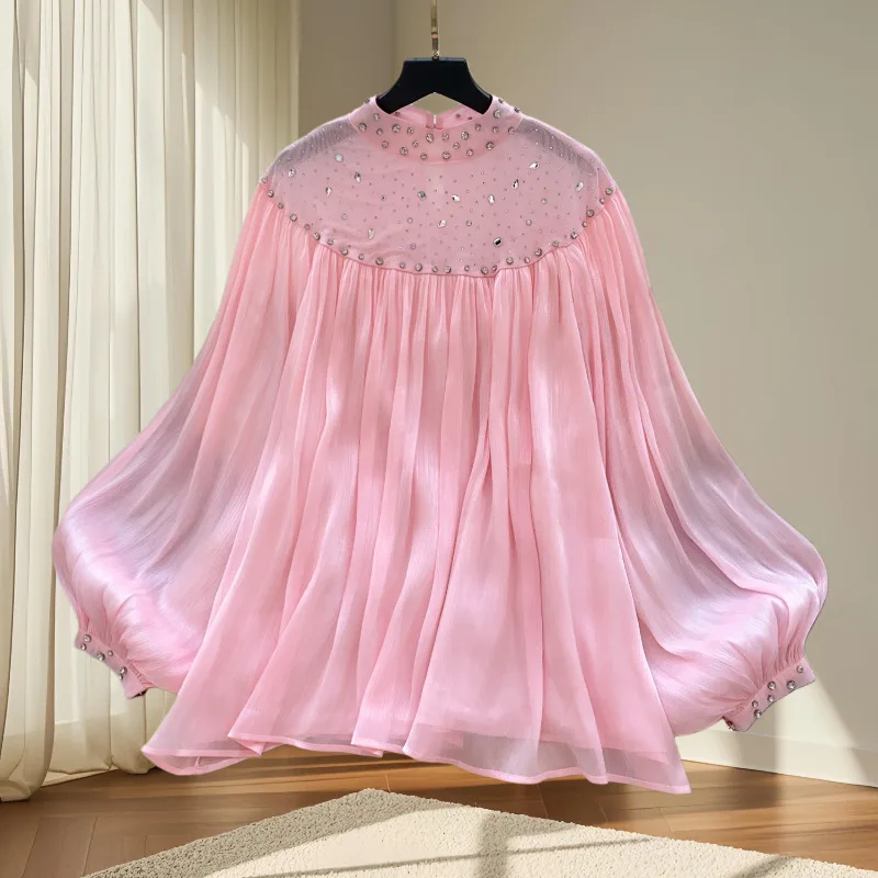 

Женские блузки и рубашки однотонные, плиссированные, с рукавами-фонариками и стразами, круглый вырез, слегка эластичные, свободного кроя, для офиса и повседневной носки, элегантные, осень 2026