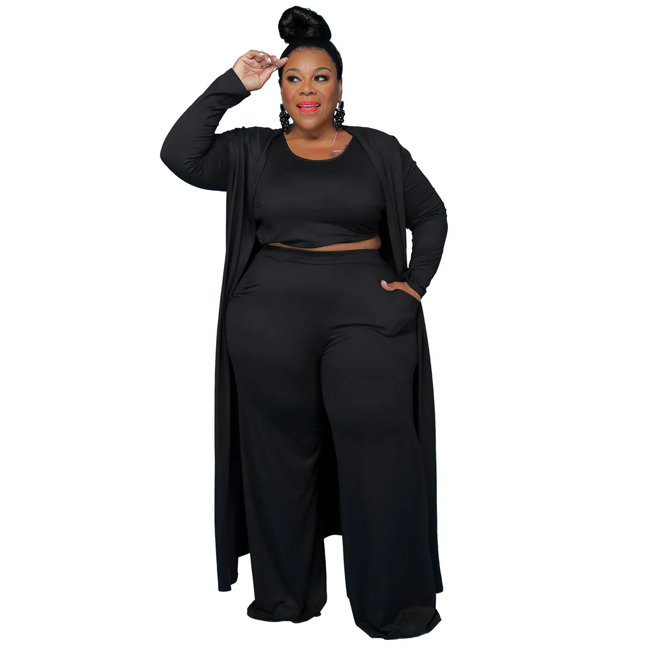 L-5XL Plus Size abbigliamento donna 2023 inverno nuova moda cappotto manica lunga e pantaloni gamba larga abiti tre pezzi completi femminili