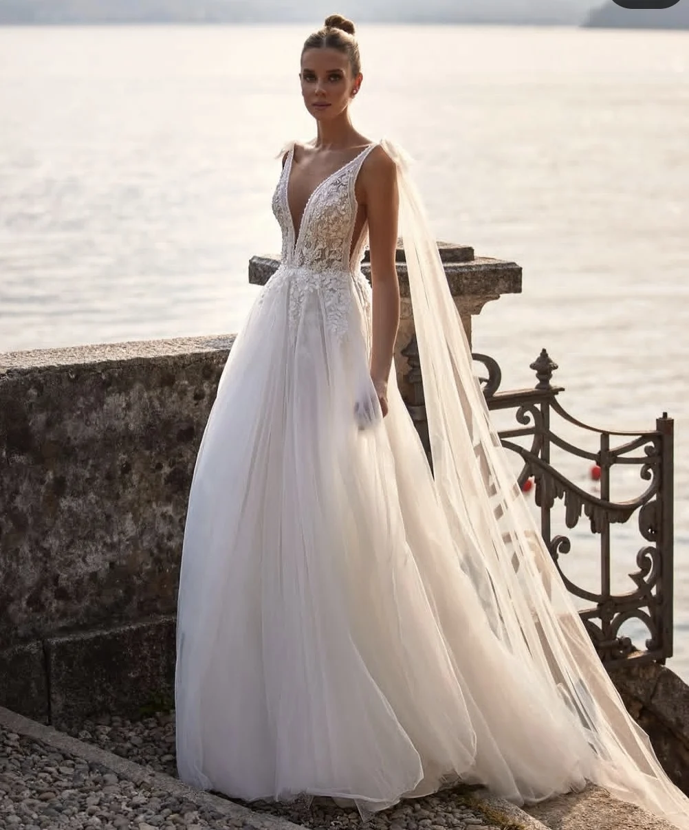 

Customize To Measures 2025 Wedding Dress For Women Organza Tulle A-Line Floor Legnth A_Line Bridal Gowns Stuning Deep V_Neck