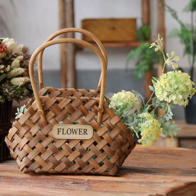 Hand Woven Women bag Pastoral wood chip small flower basket handbag wooden flower arrangement basket handbag