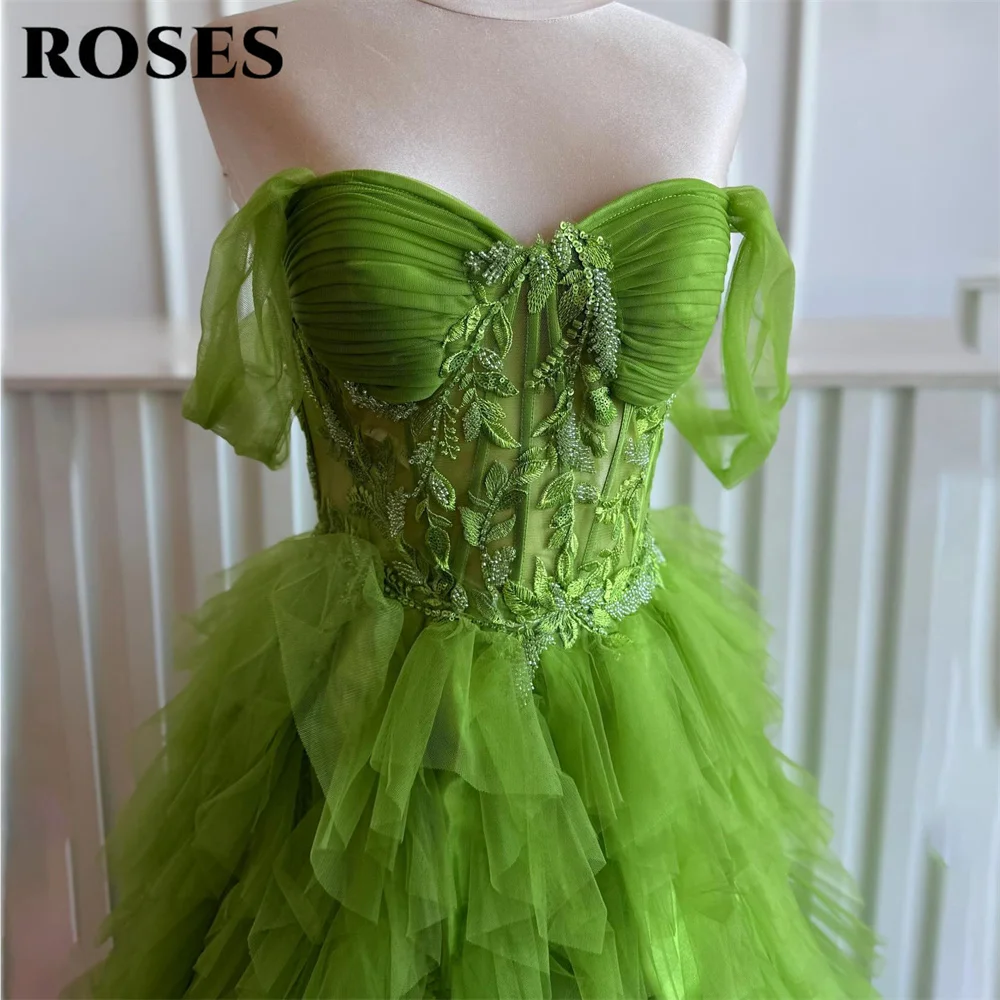 

ROSES Vibrant Green Prom Dress Sweetheart 프롬 드레스 with Leaf Embroidery Evening Dresses Tiered Tulle Formal Gown Customized