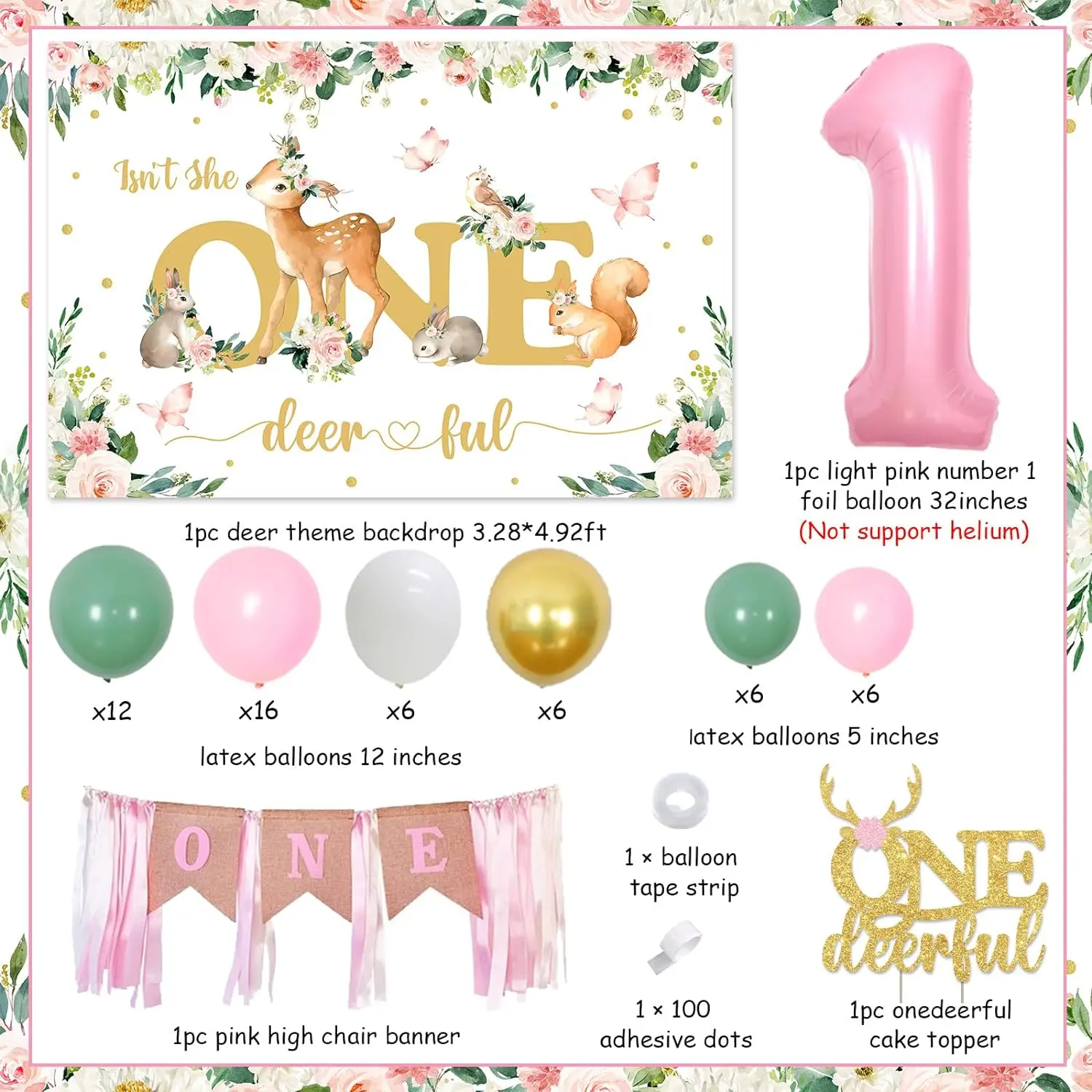 Deer 1st Birthday Decorations for Girls, Balloon Garland, Sage Green and Pink, One Beautiful Backdrop, Isn't She Onederful