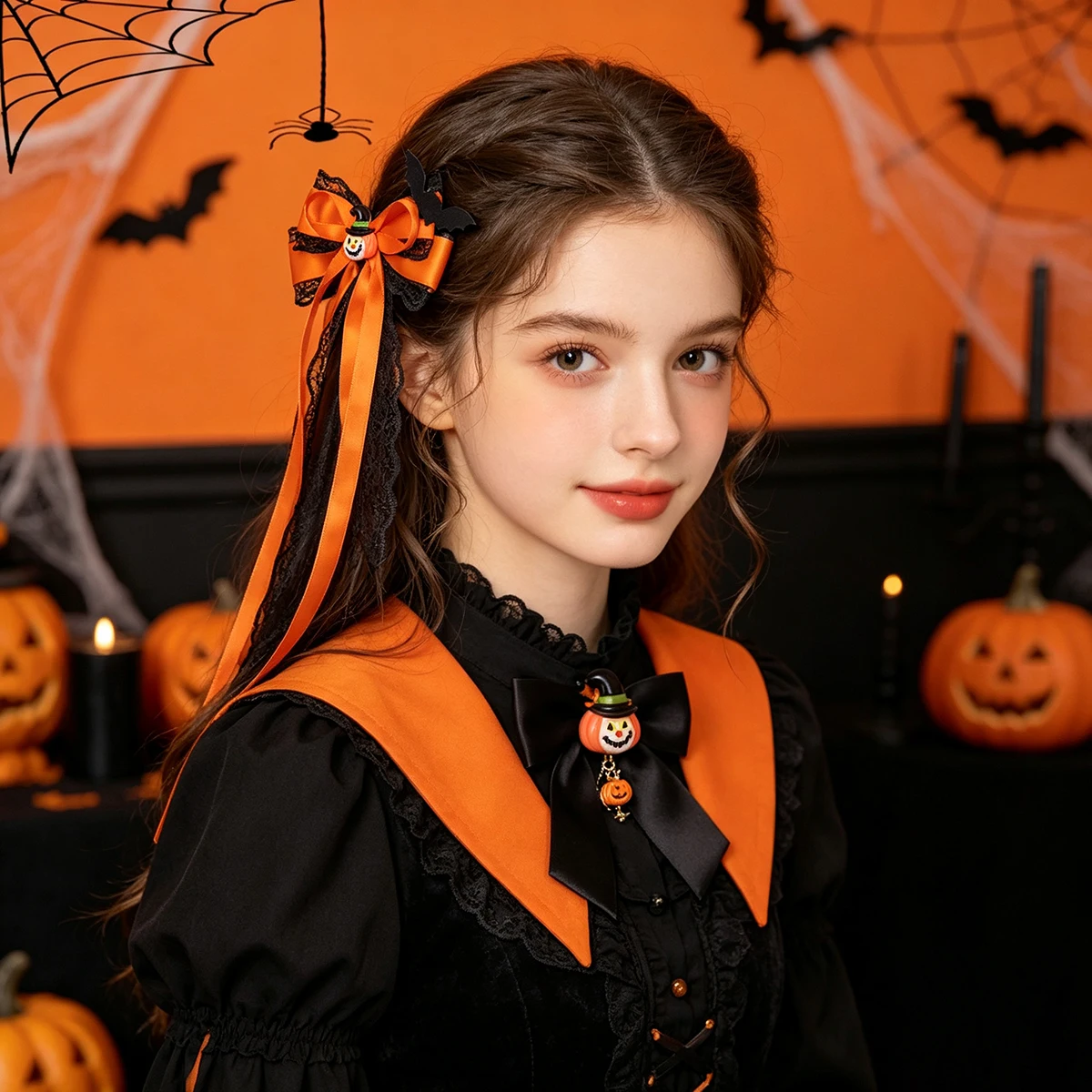 1PC Halloween Orange Lace Bow Hair Clips Black Bat Decor Satin Ribbon Barrettes Cosplay Party Costume Hair Accessories for Girls view 2