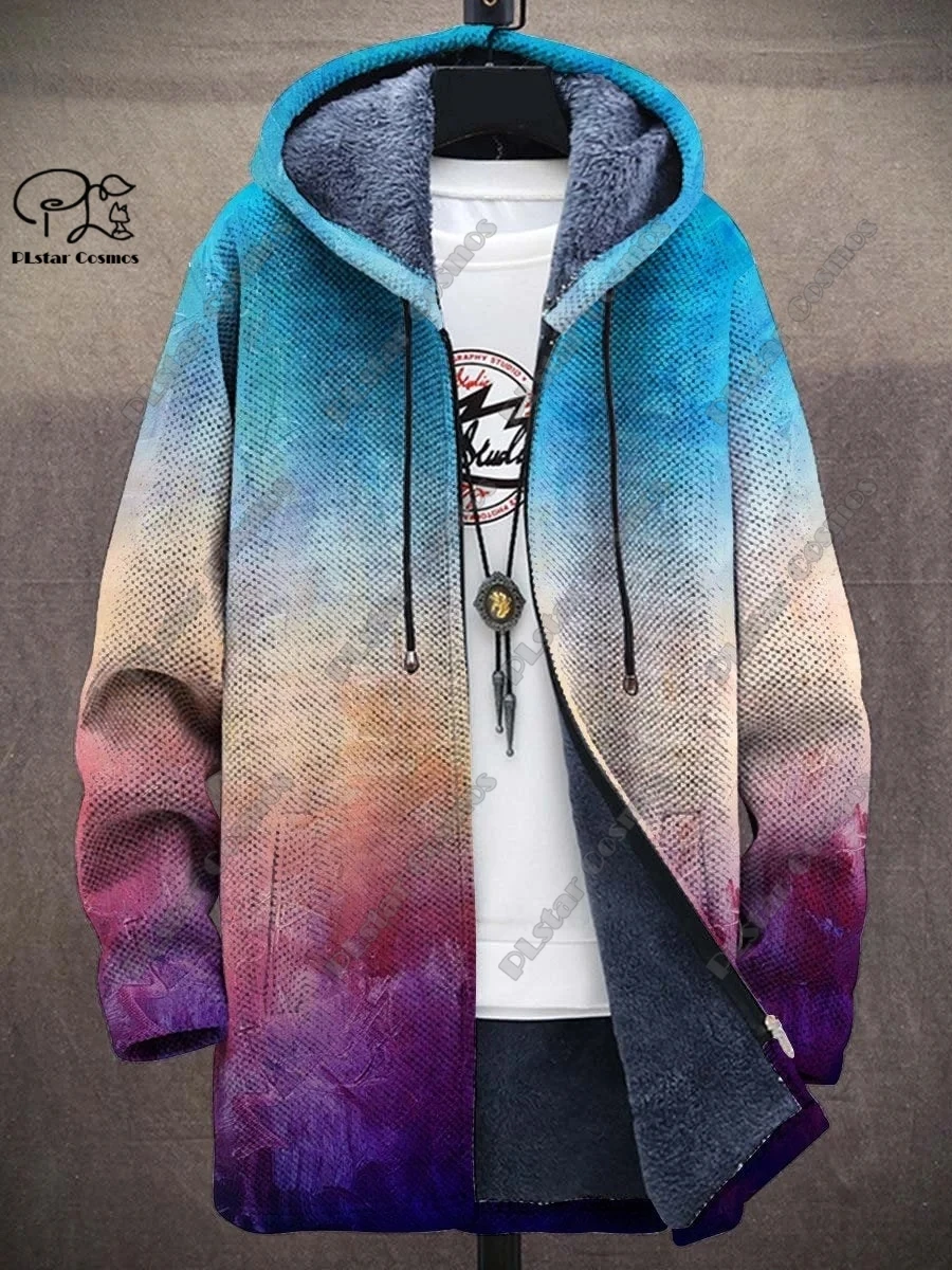 3d Gedrukt Nieuwe Winter Capuchon Unisex Retro Geometrisch Gradiënt Kunst Patroon Pluche Verdikte Lange Mouwen Casual Warm Jasje DY-11