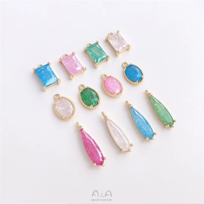 Inlaid Ice Flower Color Zirconium 14K Gold-plated Rectangular Oval Pendant Creative DIY Earrings Jewelry Pendant