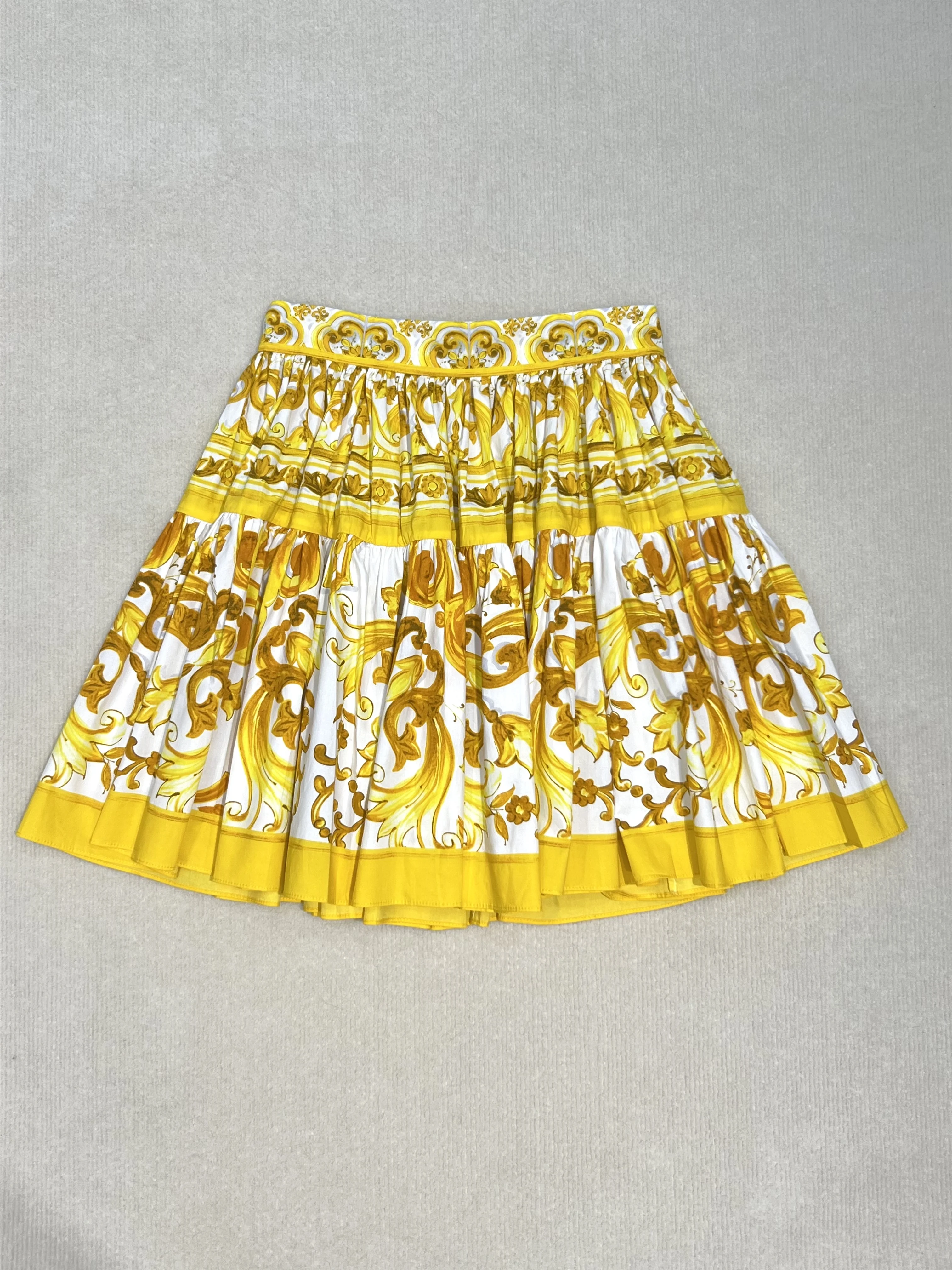 Bohemian Style Yellow Porcelain Print Short Skirt, 100% Cotton, Trendy, Casual, New, 2024