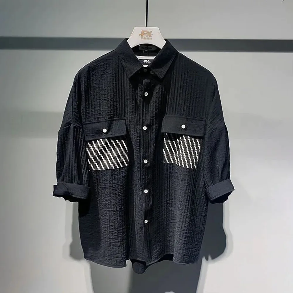 Y2K Mens Shirt Patchwork Striped Pocket Short Sleeved Shirt Summer Casual Tassel Sequin Fashion Japanese Top Men's Clothing 2024