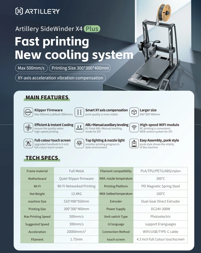 3D Printer Sidewinder X4 Plus 300 * 300 * 400mm Print Size, High Speed, Fast Printing 3D Printer