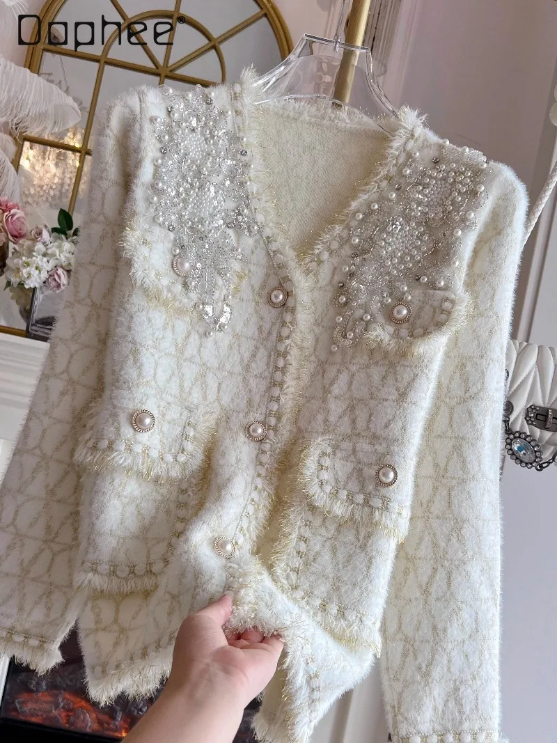 

Норковое бархатное легкое роскошное пальто со стразами и бисером для женщин, осень-зима, свободное модное однобортное пальто с v-образным вырезом и длинными рукавами