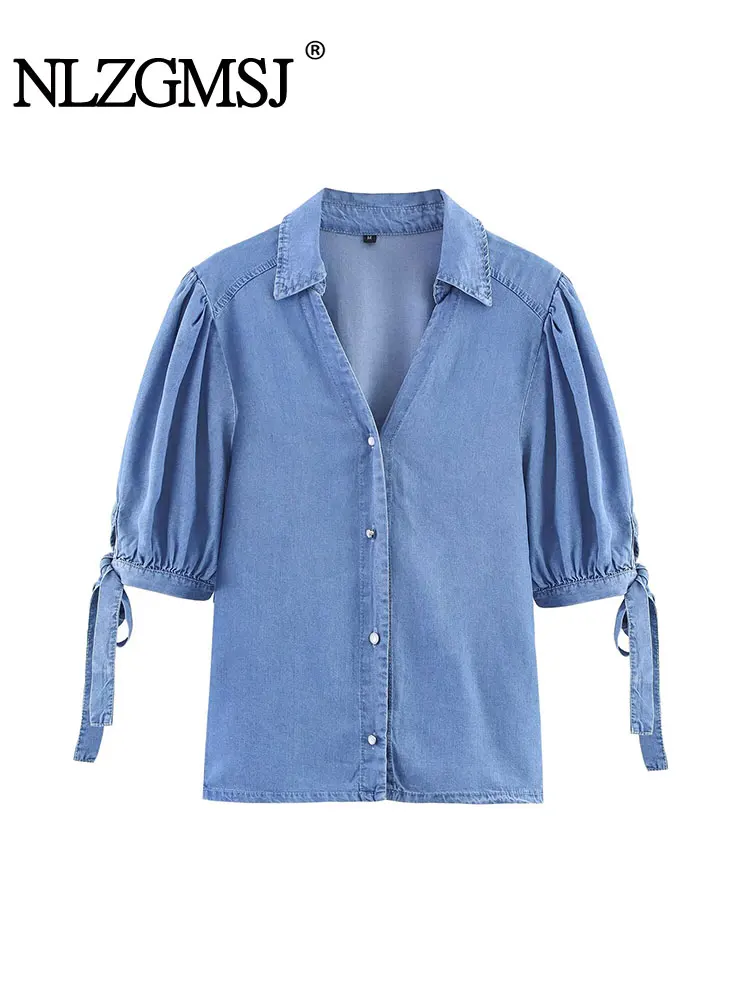 

NLZGMSJ Casual Women Shirts Bow Short Sleeve Turn-down Collar Blouse Fashion 2025 Elegant Shirts Tops