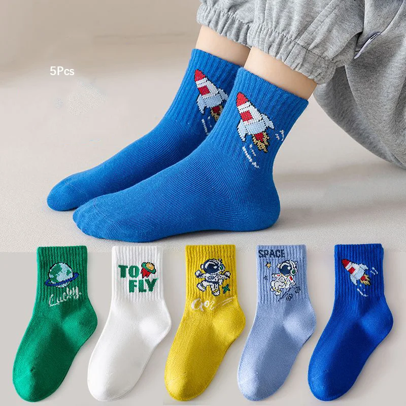 

5Pairs Children's Socks Astronaut Cotton Socks Elementary School Medium Tube Socks Baby Spring Autumn Cartoon Socks