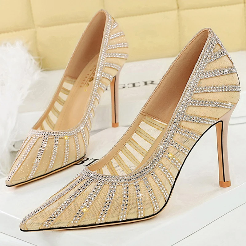 

BIGTREE Shoes Rhinestone mesh Women Pumps Luxury banquet shoes High Heels Sexy Party Shoes Women heels 9.5 cm Stiletto Pumps