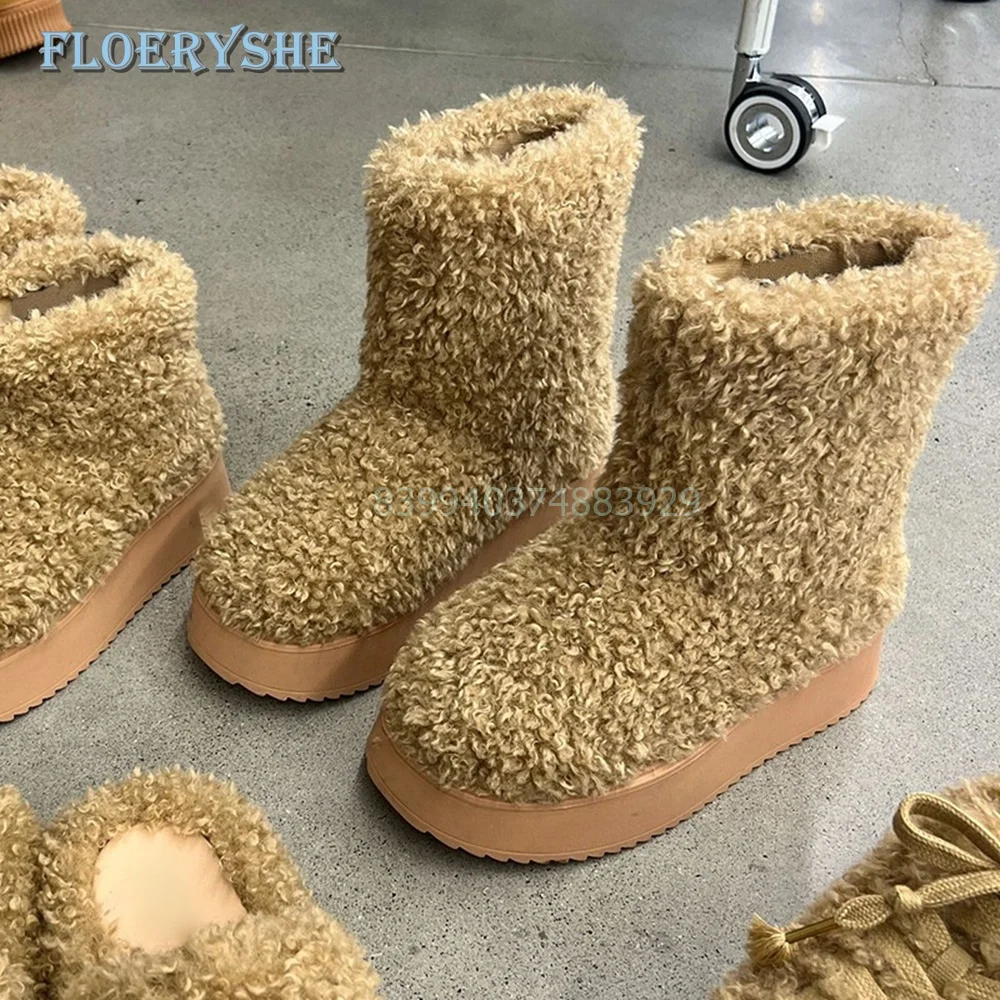 

Fur Platform Boots Winter Walmly Round Toe Khaki Black Solid Women Shoes Slip]On Cute 2024 New Fashion Comfortable Snow Boots