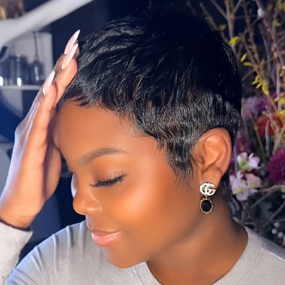 4인치 숏 픽시컷 가발 브라질산 버진 인모 기본 스타일 기계 제작 로즈 네트 캡 스트레이트 픽시 가발 인모 100%