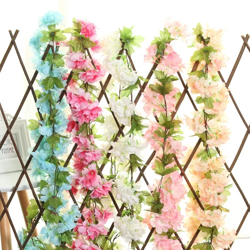 Guirnalda de luces de flor de cerezo Artificial de 2M, enredaderas colgantes, guirnalda de flores artificiales para decoración de pared de boda interior y exterior